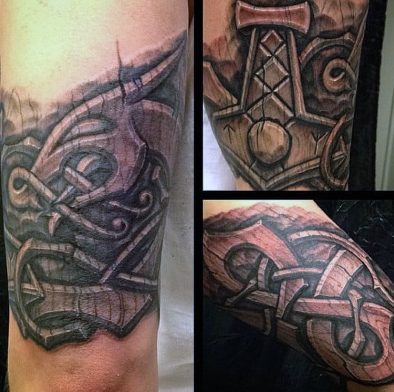 Norse Thor Hammer Male Wood Carving Quarter Sleeve Tattoo On Arm