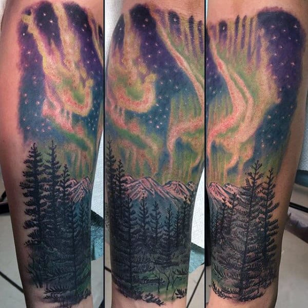 Northern Lights Pine Tree Men's Tattoo