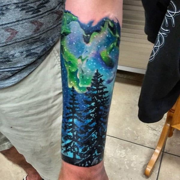 Northern Lights Tree Sleeve Forearm Tattoo On Male