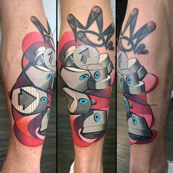 Nozzle Caps Graffiti Tattoo With Tag On Mans Leg