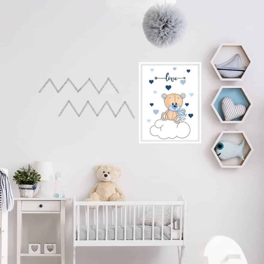 modern nursery hexagonal wall shelves white crib small bedside table teddybear 