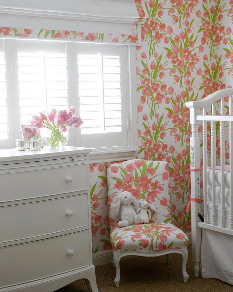 matching floral wallpaper and seat cover crib rabbit toy