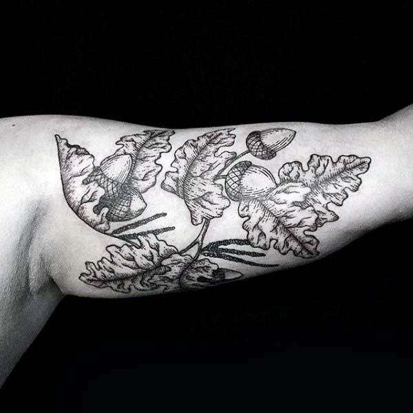 Oak Leaves With Acorns Mens Woodcut Inner Arm Tattoo