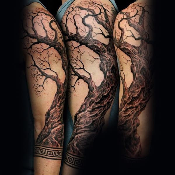 Oak Tree Sleeve Mens Tattoo Ideas