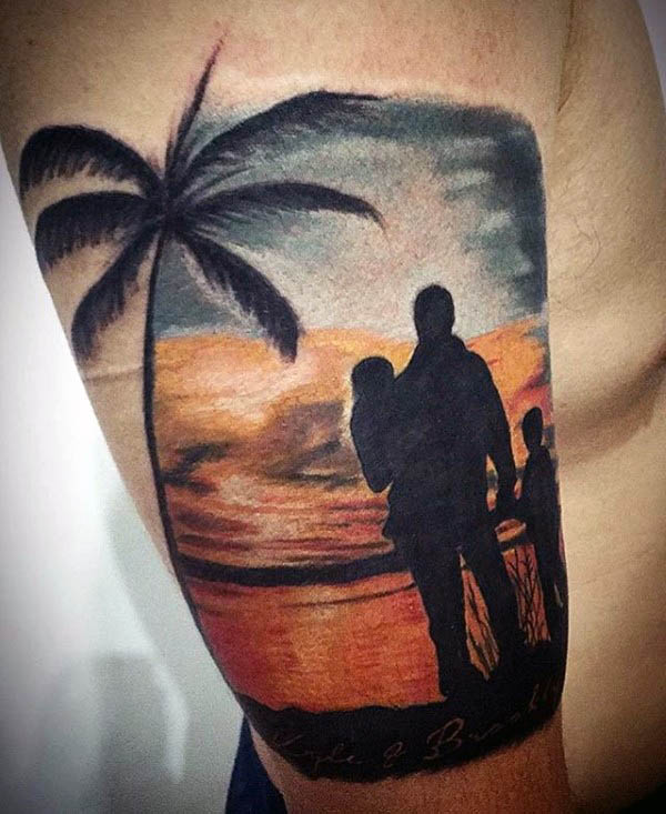 Ocean Beach Sunset Silhouette Father And Family Mens Half Sleeve Tattoo