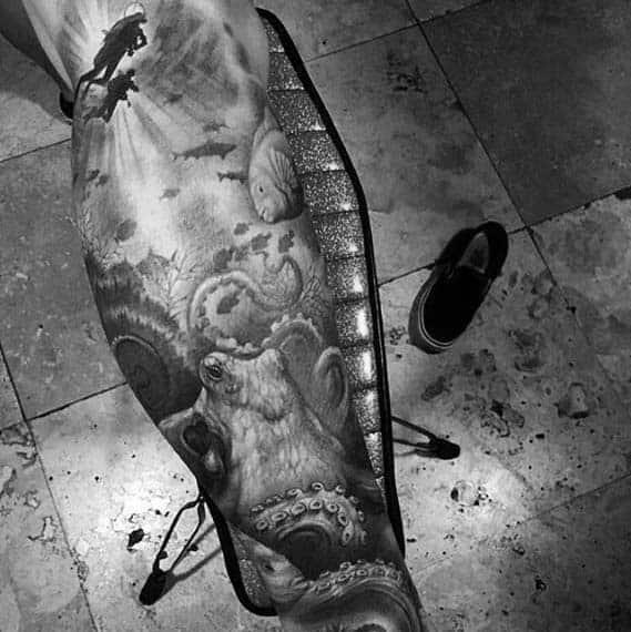 Ocean Black And Grey Ink Shaded Mens Leg Sleeve Tattoo