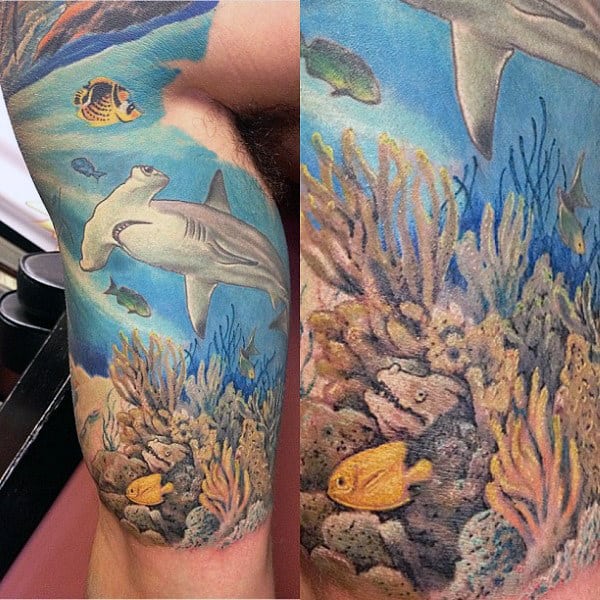Ocean Scene Mens Coral Reef Half Sleeve Tattoos