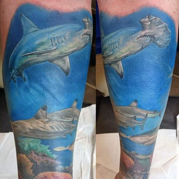 Ocean Sea Hammerhead Shark Sleeve Male Tattoo