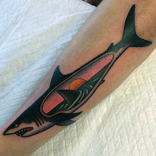 Ocean Sunset Mens Shark Traditional Outer Forearm Tattoo
