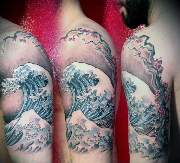 Ocean Wave Cherry Blossom Tree Male Half Sleeve Tattoos