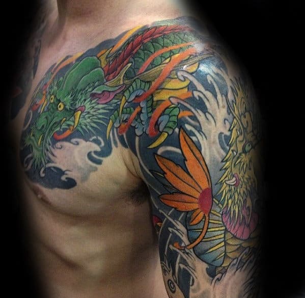 Ocean Waves Apanese Male Koi Dragon Half Sleeve Themed Tattoos