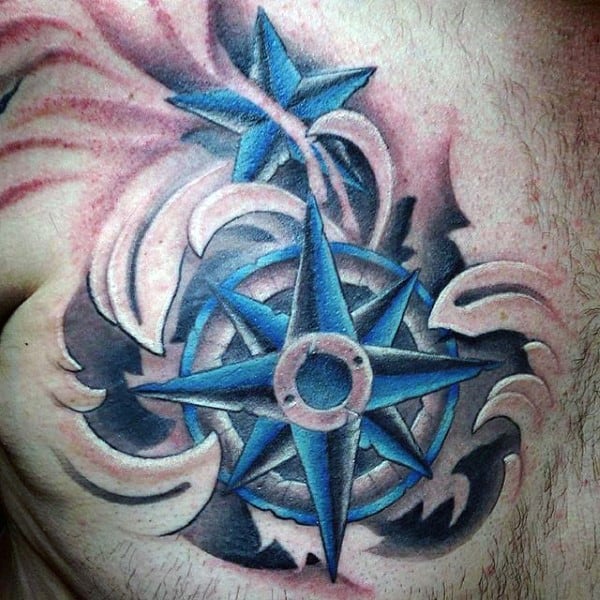 Ocean Waves Blue Nautical Star Mens Chest Tattoos