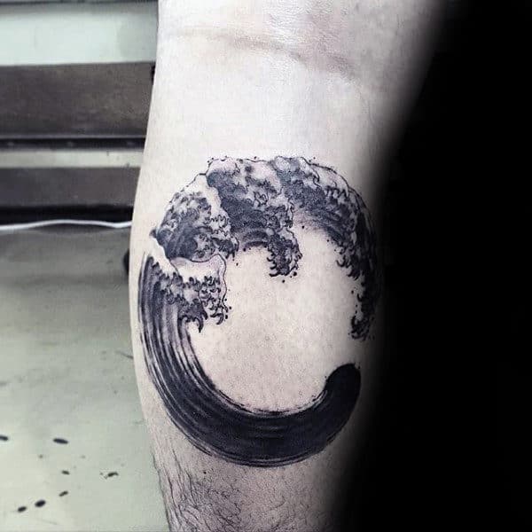 Ocean Waves Brush Stroke Circle Mens Leg Calf Tattoo