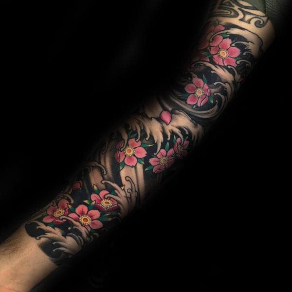 Ocean Waves Cherry Blossom Male Japanese Sleeve Tattoos
