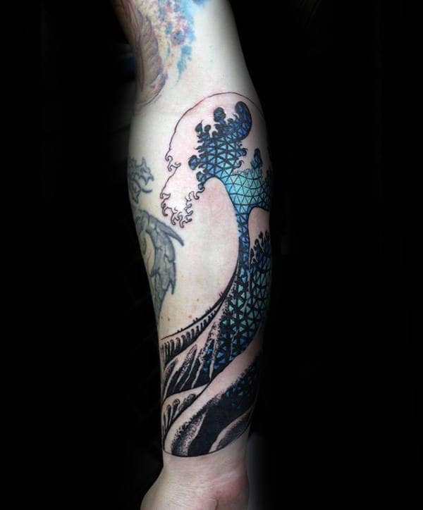 Ocean Waves Factal Pattern Male Forearm Tattoo Design Ideas