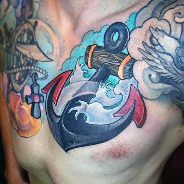 Ocean Waves Insane Chest Tattoo Of Anchor On Man