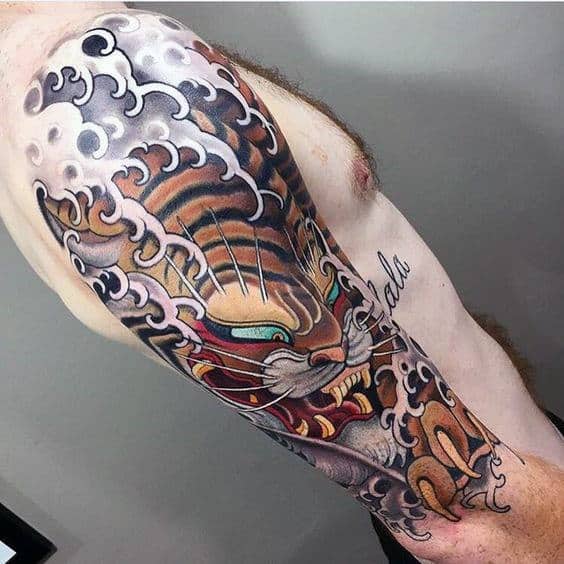 Ocean Waves Japanese Tiger Guys Half Sleeve Tattoos