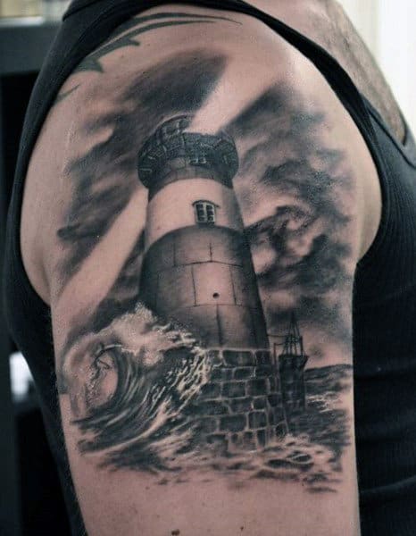 Ocean Waves Lighthouse Tattoo For Men On Arm