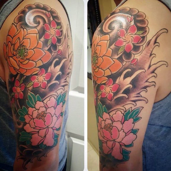 Ocean Waves Lotus Flower Japanese Half Sleeve Mens Tattoos