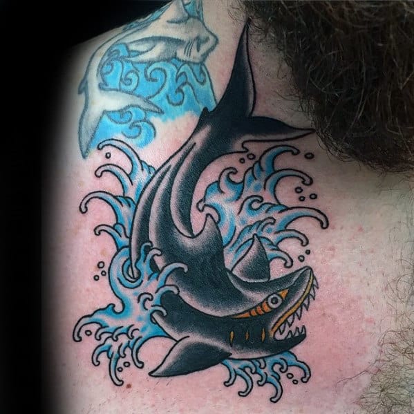 Ocean Waves Mens Traditional Shark Upper Chest Tattoo