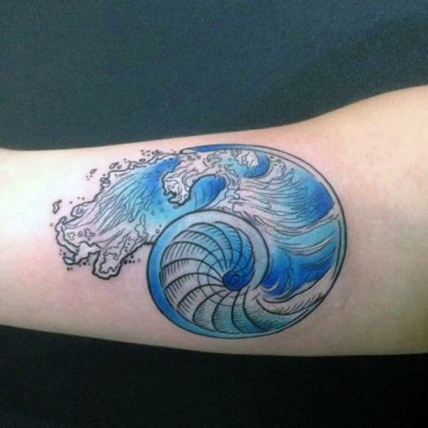 Ocean Waves Spiral Seashell Watercolor Guys Arm Tattoo