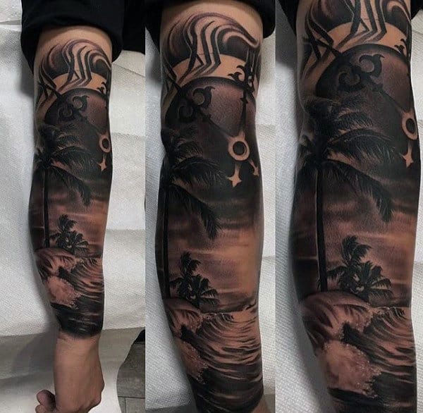 Ocean Waves Tropical Mens Original Tattoo Sleeve With Clock Design