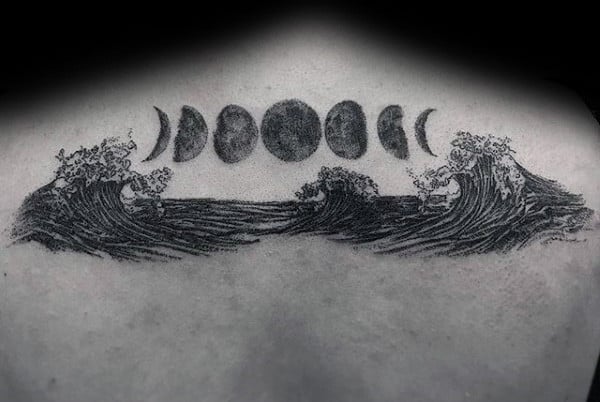Ocean Waves With Moon Phases Mens Upper Back Tattoos