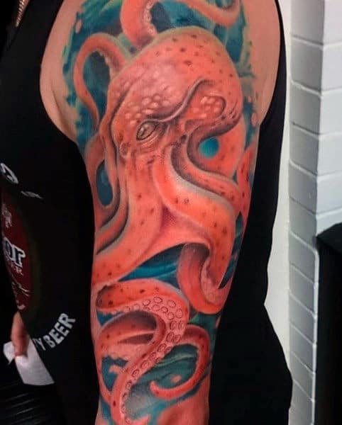 Octopus Red Arm Tattoo For Guys