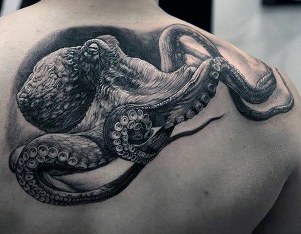 Octopus Floating Hyper Realistic Upper Back Tattoos For Men