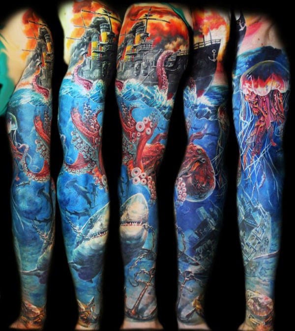 Ocean Octopus Men's Sleeve Tattoo