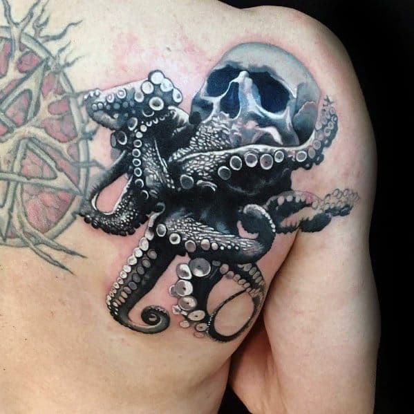Octopus Skull 3d Shoulder Blade Mens Tattoo Designs