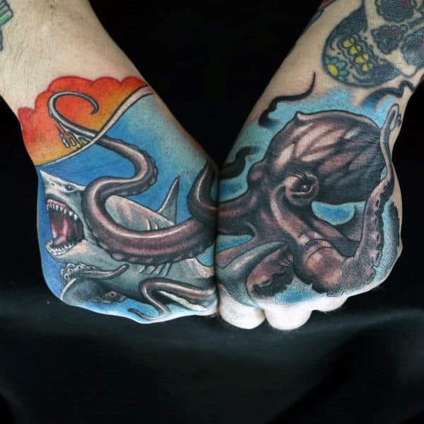 Octopus With Shark Guys Badass Underwater Hand Tattoo