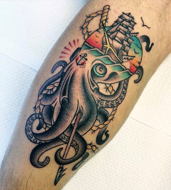 Octopus With Ship Mens Traditional Leg Tattoos
