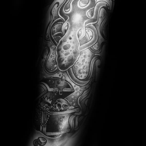 Octopus With Treasure Chest Mens Shaded Arm Tattoo