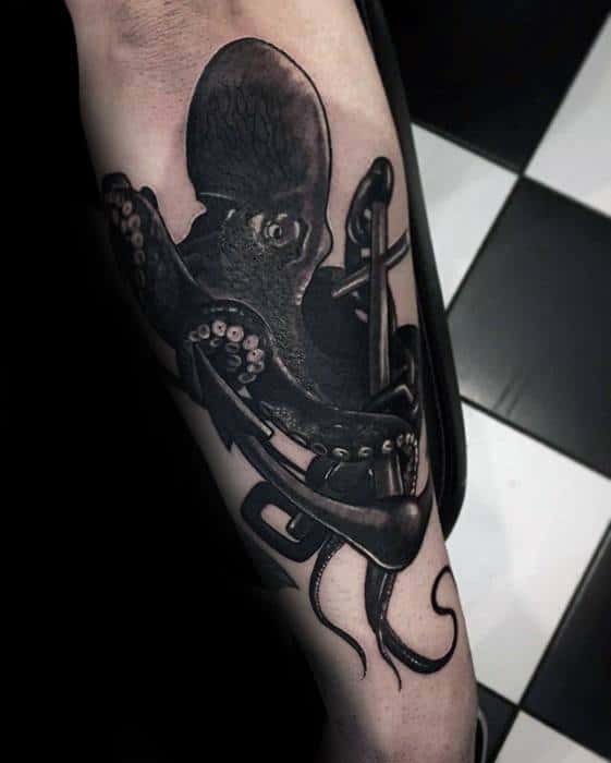 Octopus Wrapped Around Anchor Masculine Guys Unique Forearm Tattoo