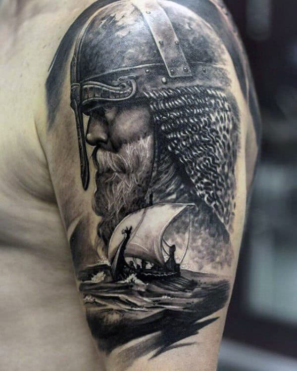 Odin With Norse Sailing Ship Mens Half Sleeve Tattoo Designs