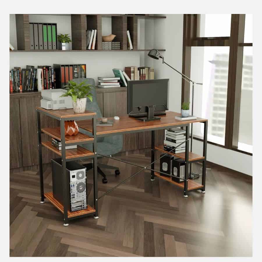 modern office setup wood desk with shelves vinyl wood floor 