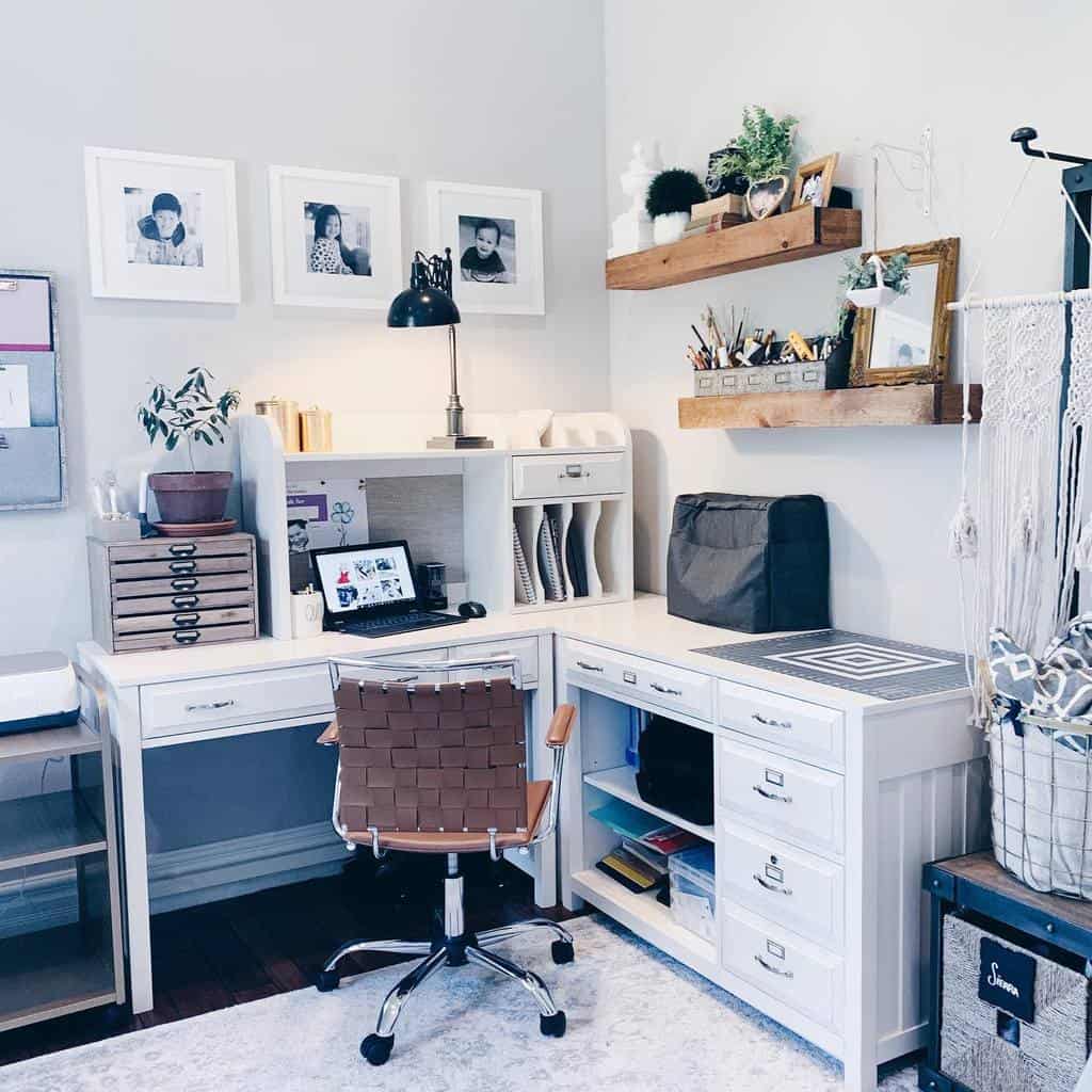corner home office white desk and wood wall shelves 