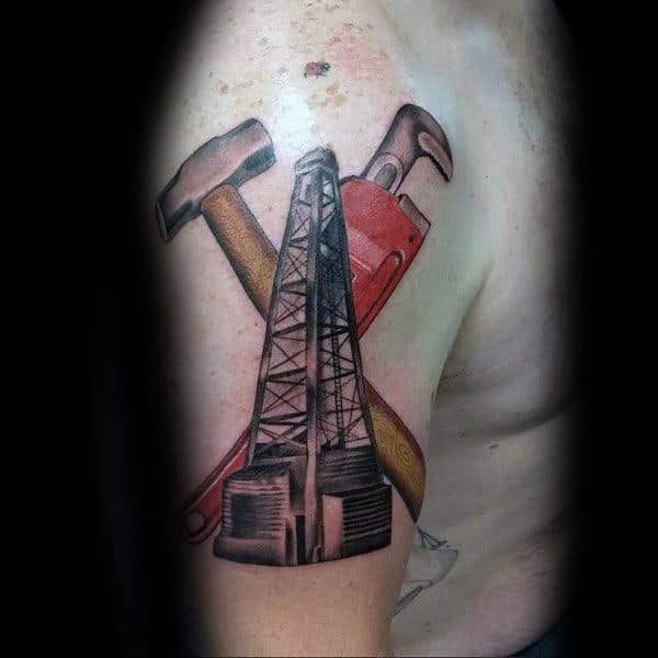 Oil Well With Tools Mens Oilfield Upper Arm Tattoo