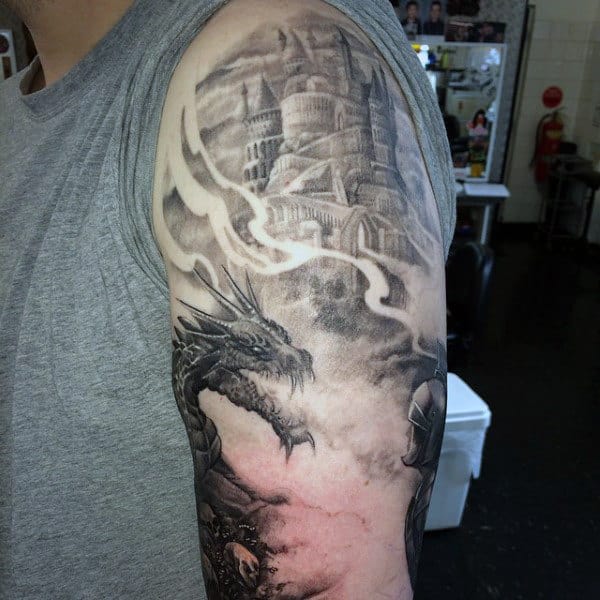 Old Castle Tattoo With Dragon Breathing Fire Sleeve On Man