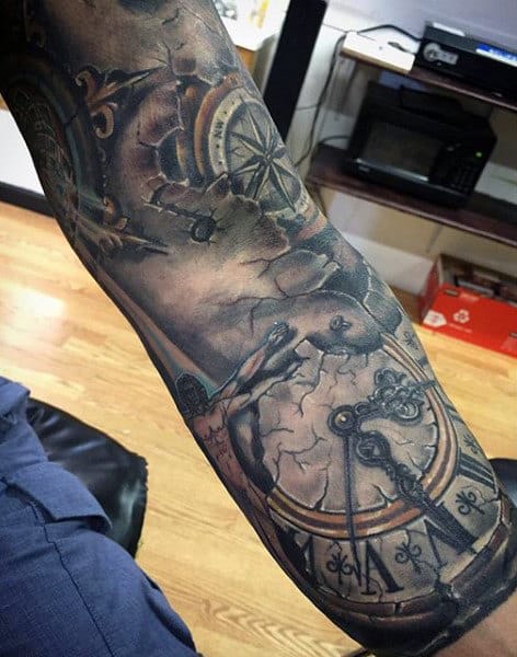 Sleeve Old Fashioned Clock Tattoo For Men