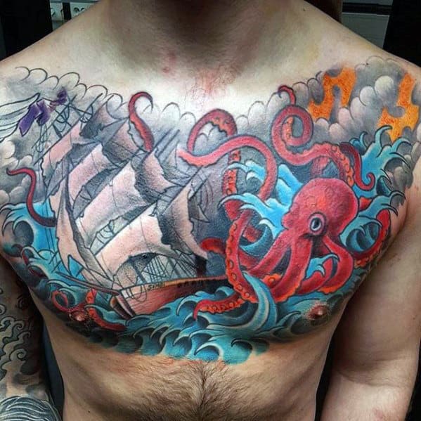 Old Schol Mens Red Octopus With Sailing Ship And Stormy Seas Chest Tattoo