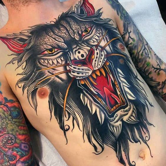Old School Agressive Guys Wolf Chest Tattoo Design Ideas
