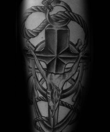 Old School Anchor Cross Inner Forearm Black And Grey Tattoos For Guys