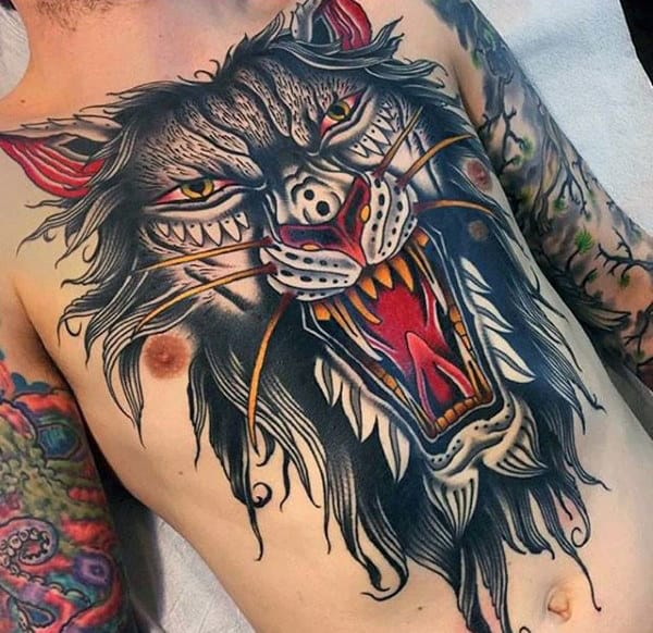 Old School Awesome Wolf Mens Chest Tattoo
