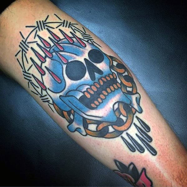 Old School Barbed Wire Skull Mens Forearm Tattoo