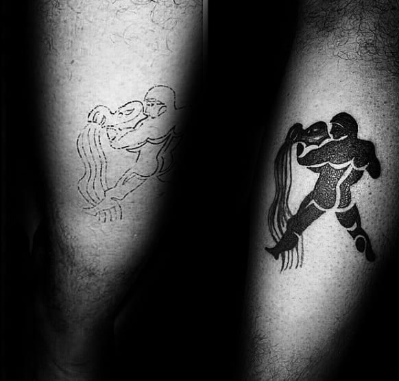 Old School Black Ink Mens Small Aquarius Leg Tattoos
