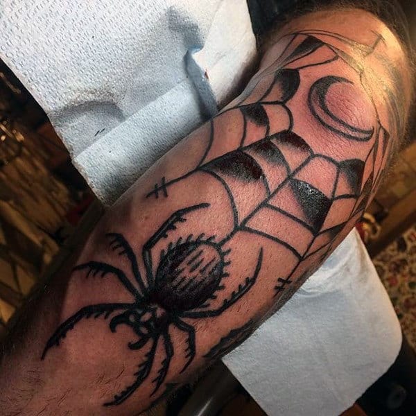Old School Black Ink Spider Web Mens Elbow And Arm Tattoo