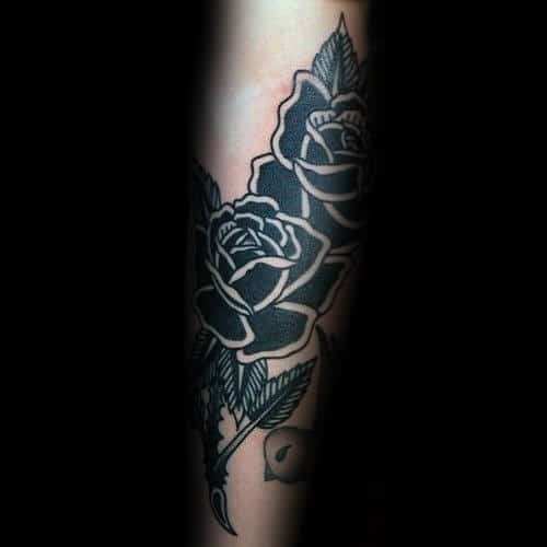 Old School Black Rose Flower Male Forearm Tattoo Inspiration