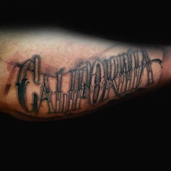 Old School California Lettering Mens Outer Forearm Tattoo Design Inspiration